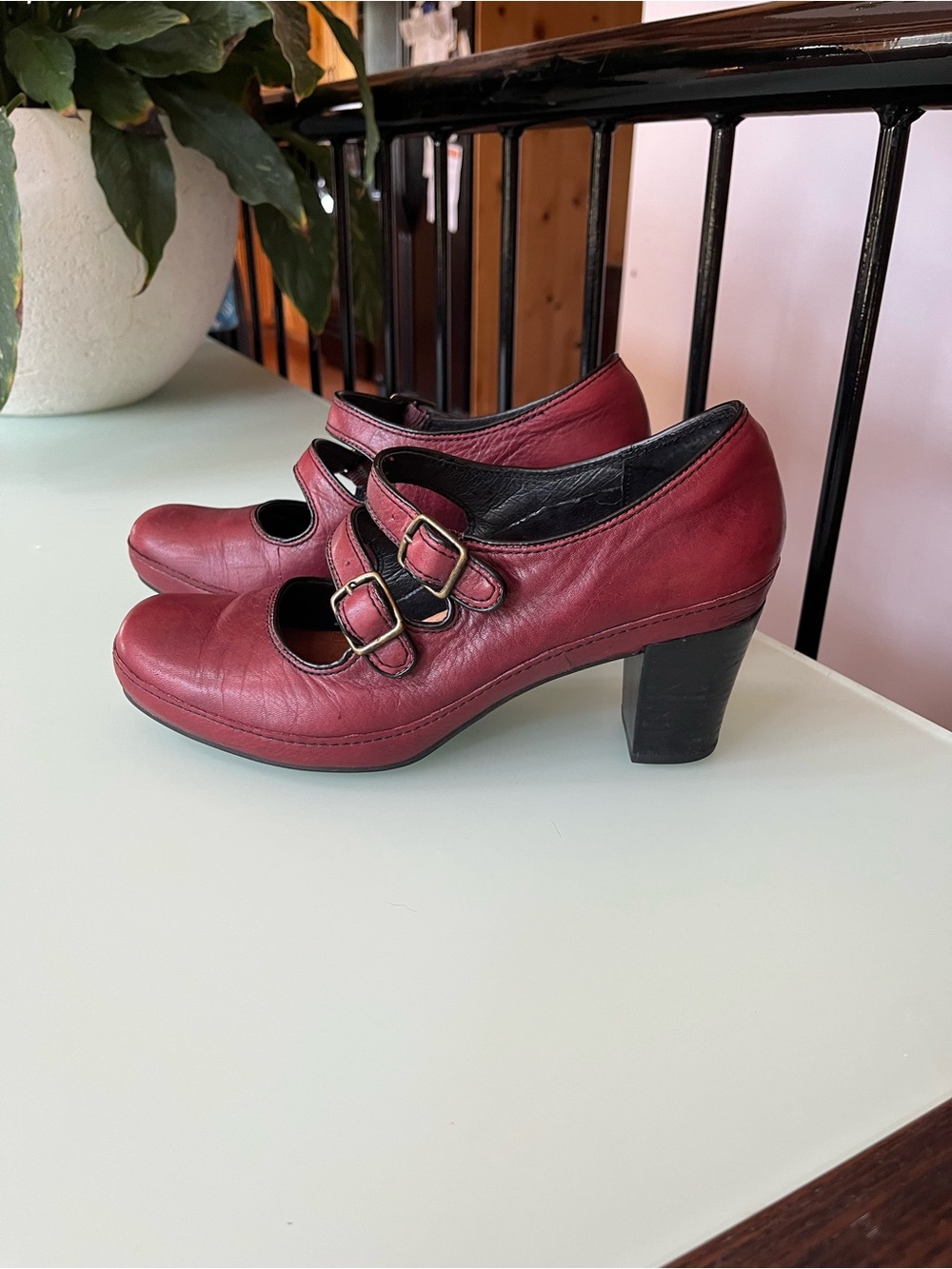 Clarks Burgundy Double-Strap Heeled Mary Jane heels
